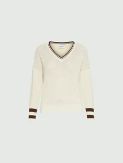 Maglia in cotone con scollo a V - BIANCO LANA