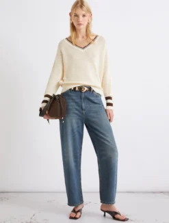 Maglia in cotone con scollo a V - BIANCO LANA