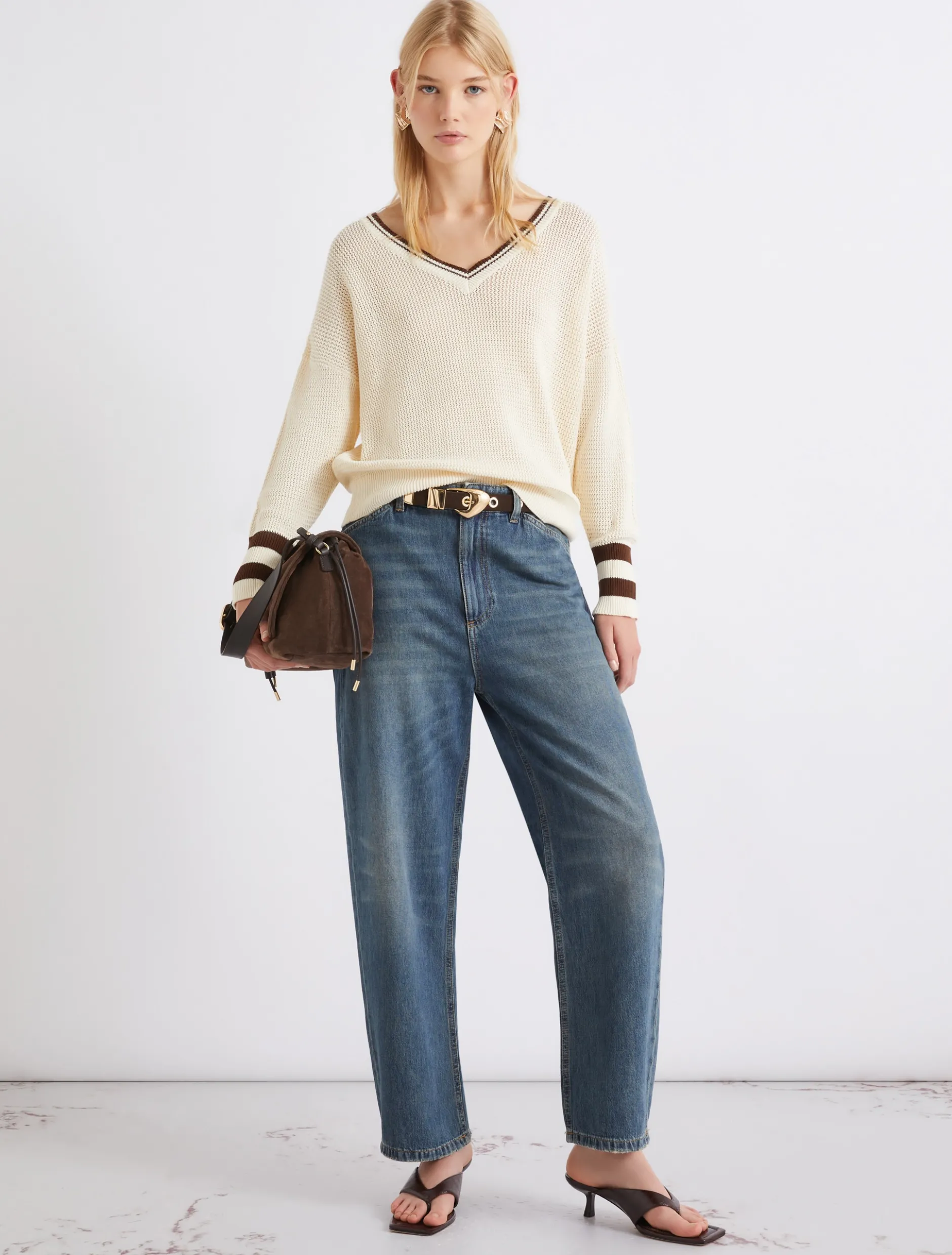 Maglia in cotone con scollo a V - BIANCO LANA
