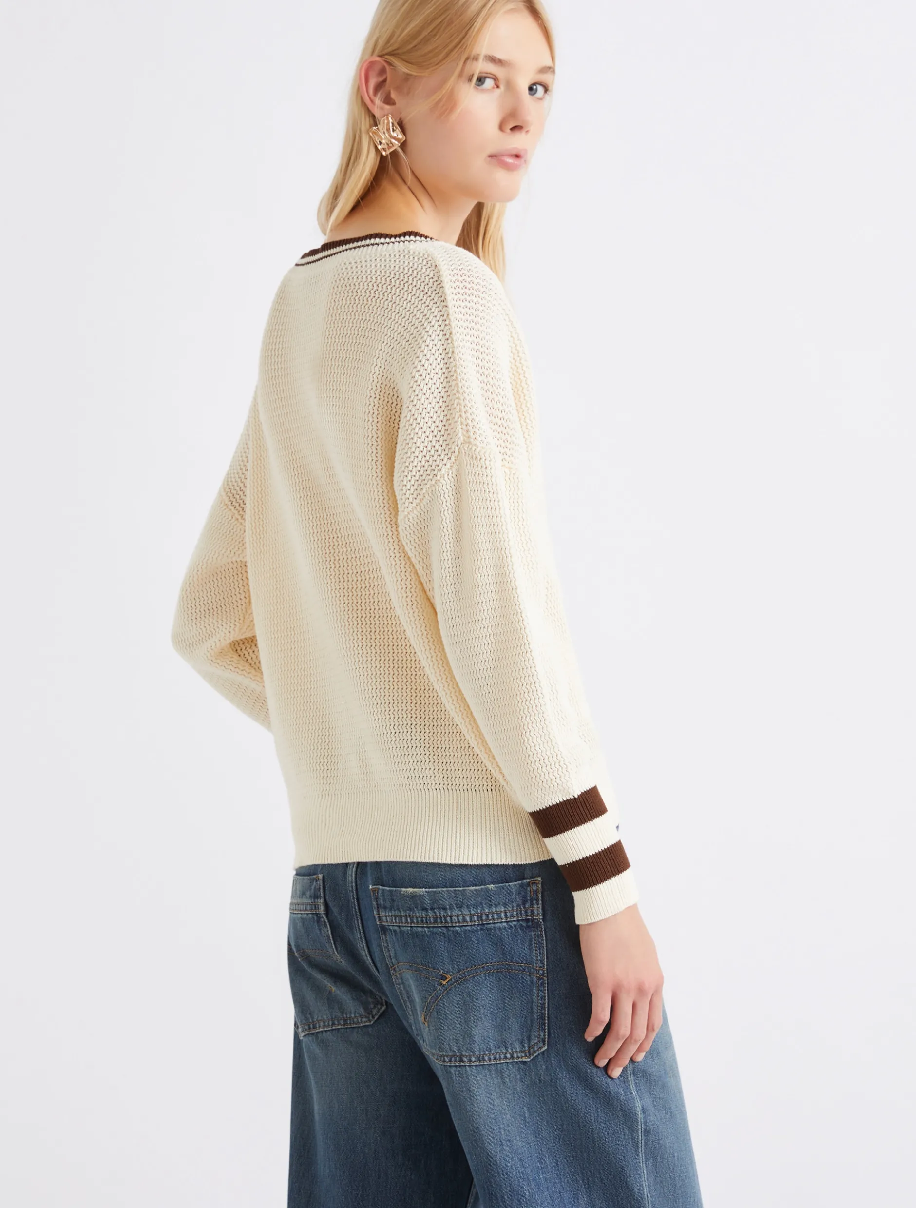 Maglia in cotone con scollo a V - BIANCO LANA