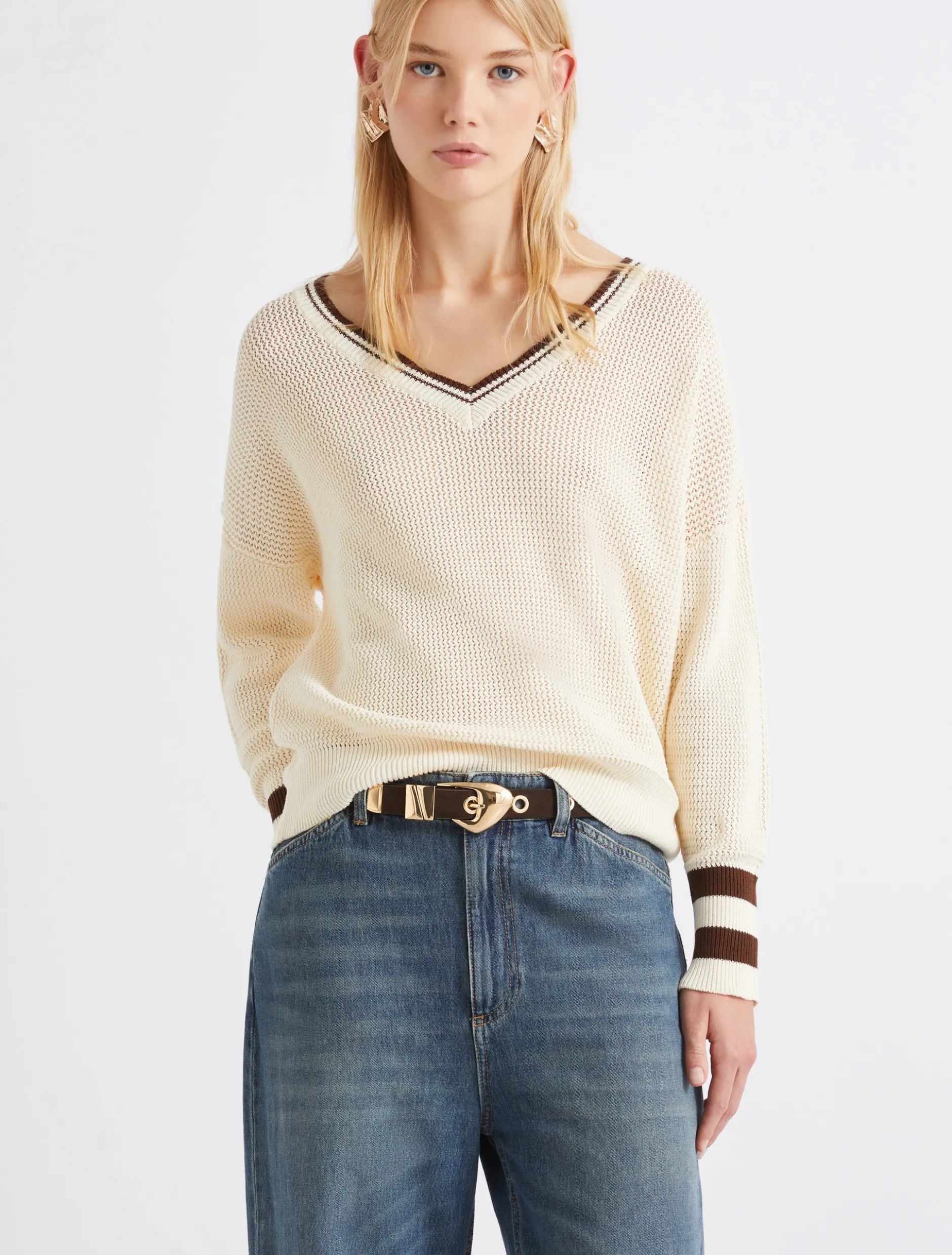 Maglia in cotone con scollo a V - BIANCO LANA