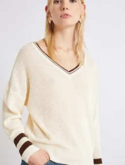 Maglia in cotone con scollo a V - BIANCO LANA