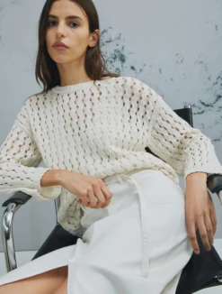 Maglia in cotone con traforature - BIANCO LANA