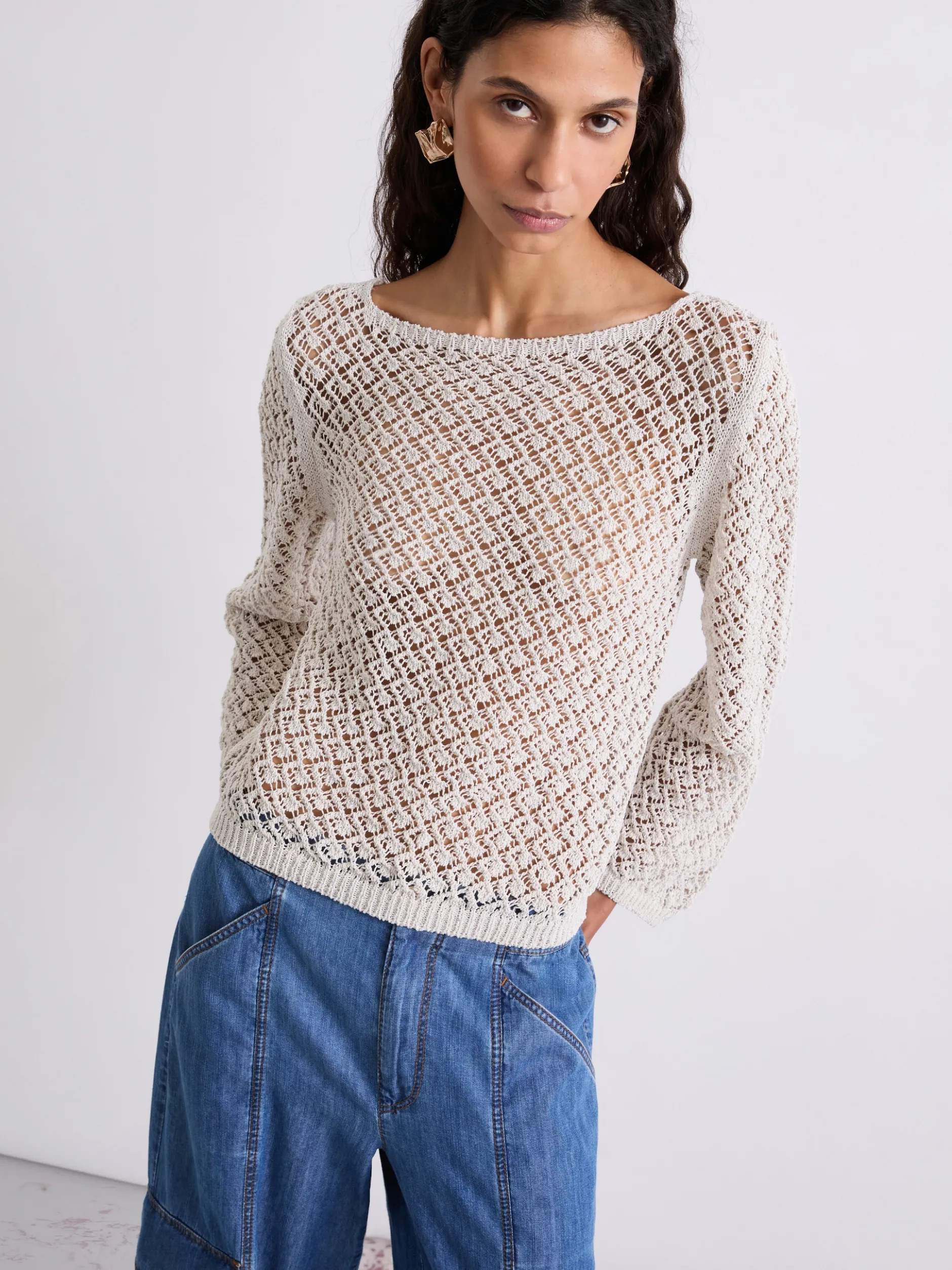 Maglia traforata boxy - PANNA