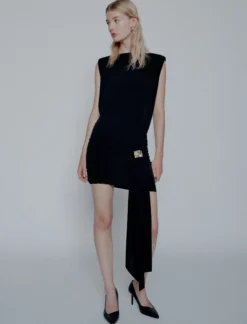 Mini abito in jersey con cintura drappeggiata - NERO