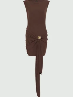 Mini abito in jersey con cintura drappeggiata - MARRONE