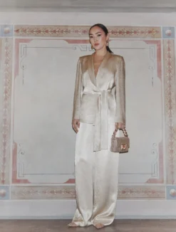 Pantalone a palazzo in raso leggero - NATURALE
