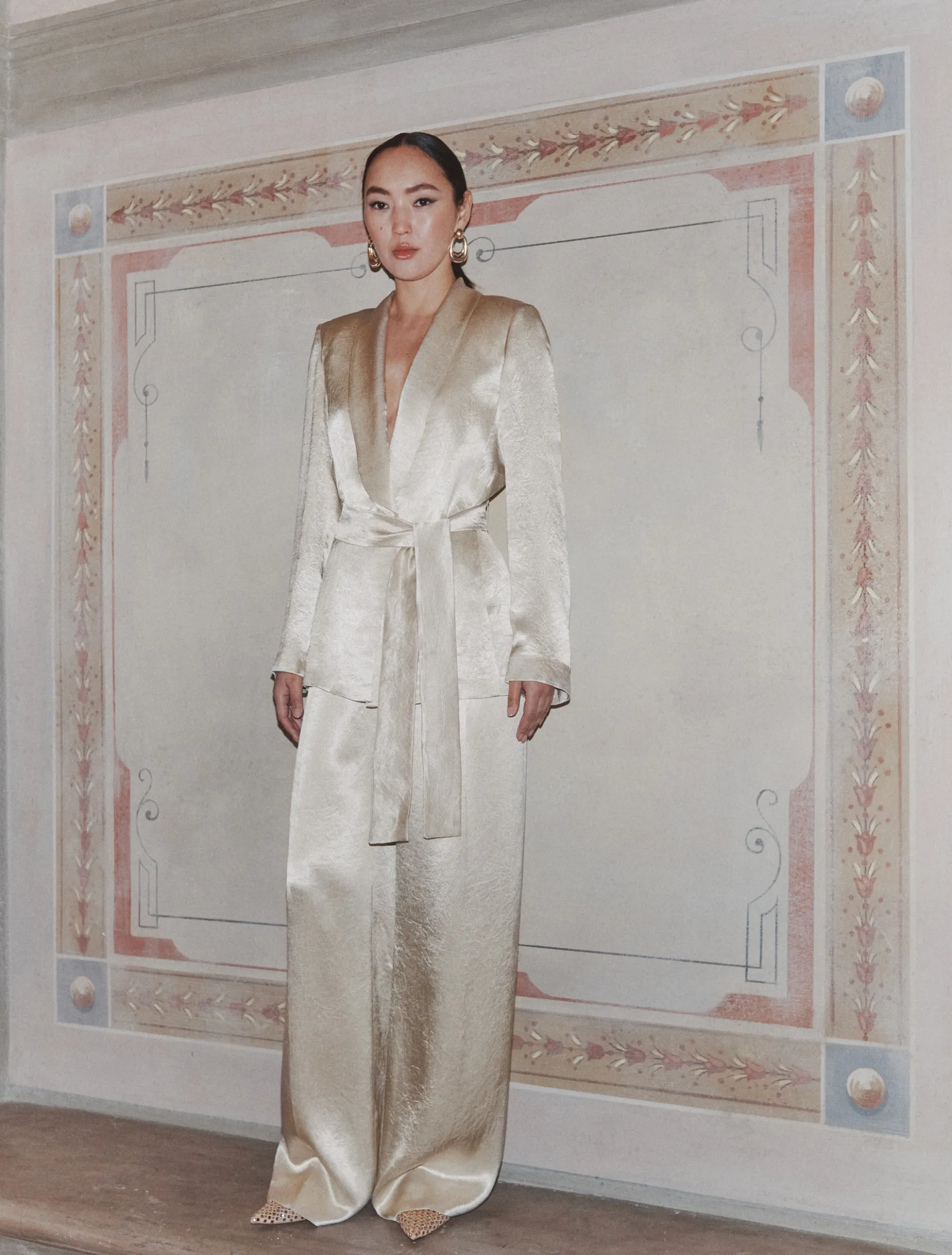 Pantalone a palazzo in raso leggero - NATURALE