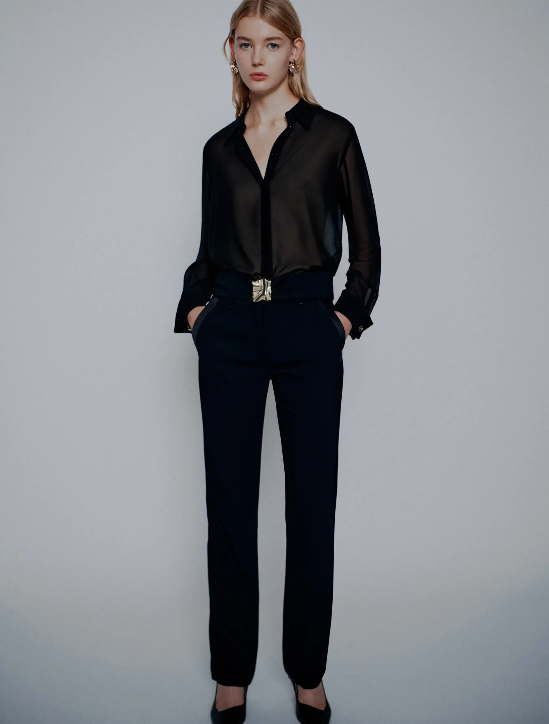 Pantalone dritto con cintura - NERO
