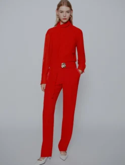 Pantalone dritto con cintura - ROSSO