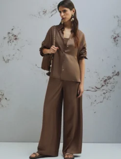 Pantalone dritto in seta - MARRONE