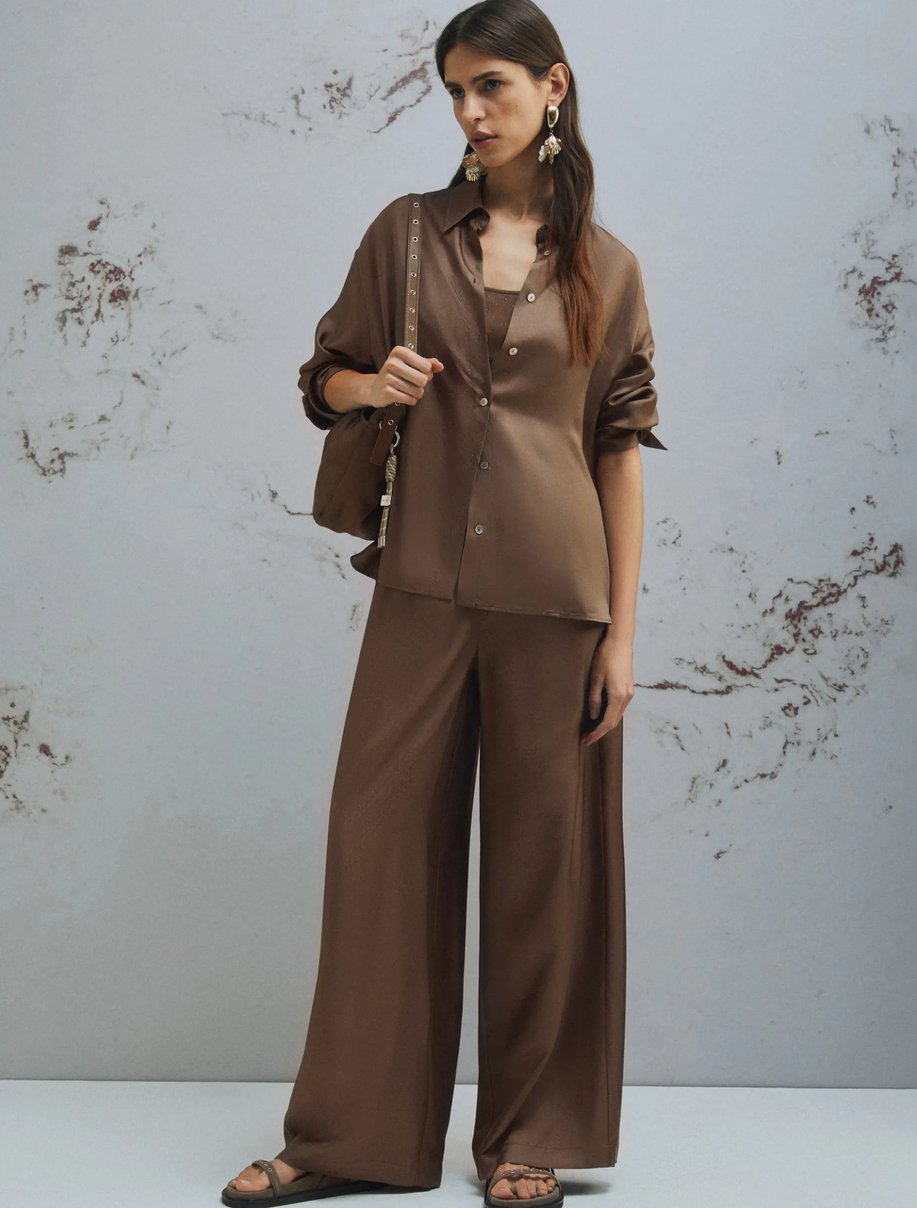 Pantalone dritto in seta - MARRONE