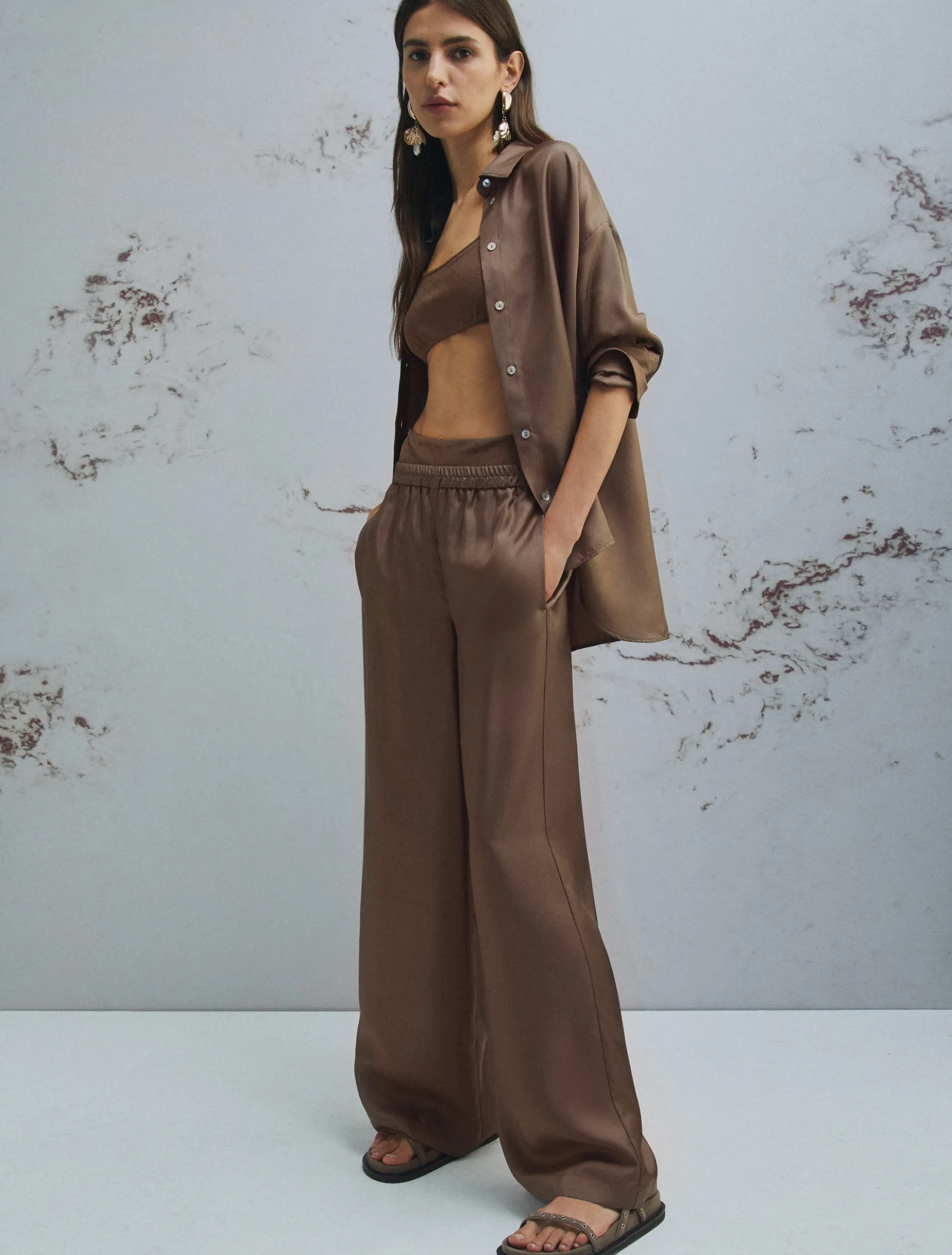 Pantalone dritto in seta - MARRONE
