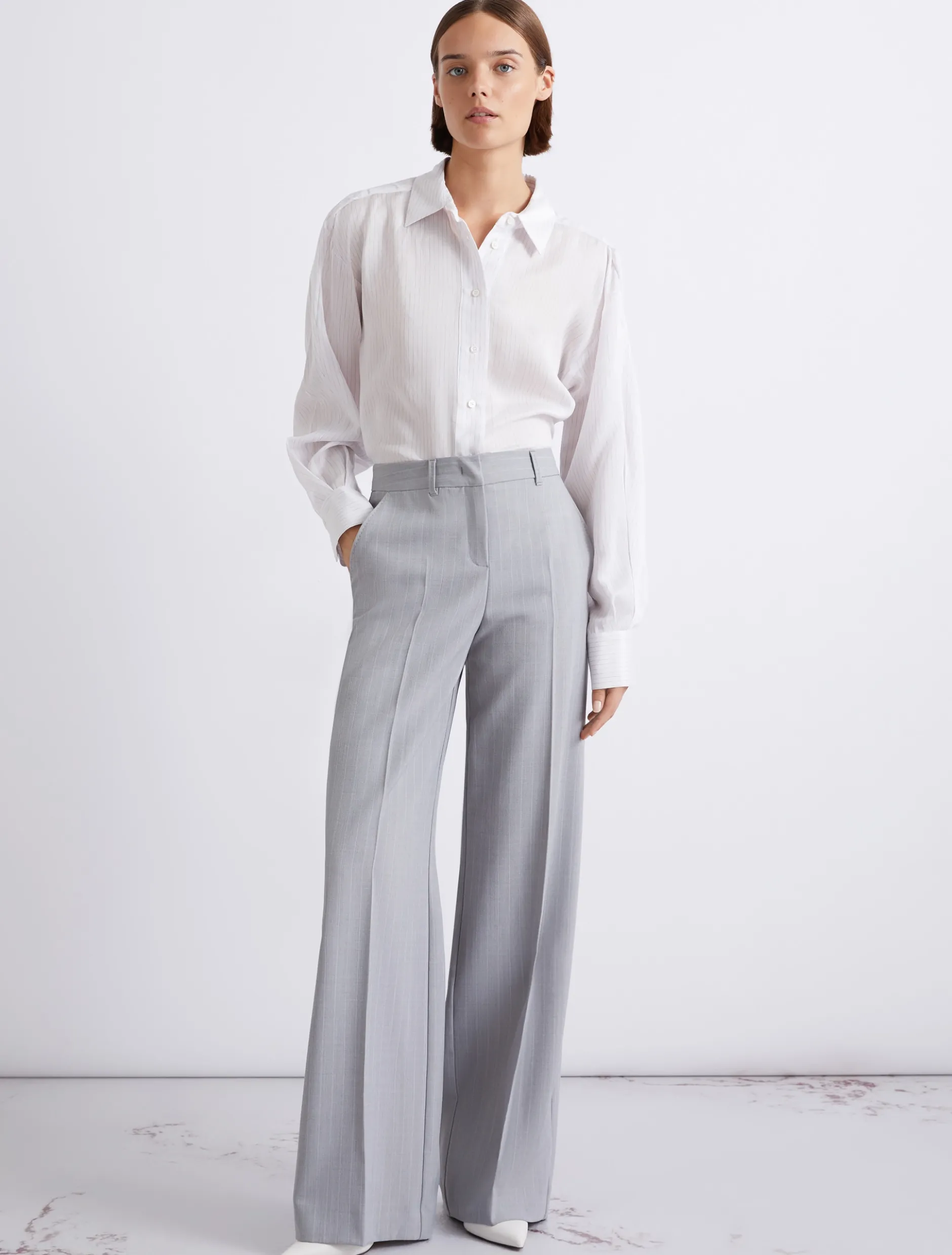 Pantalone dritto in tela stretch malfilé - GRIGIO CHIARO MELANGE