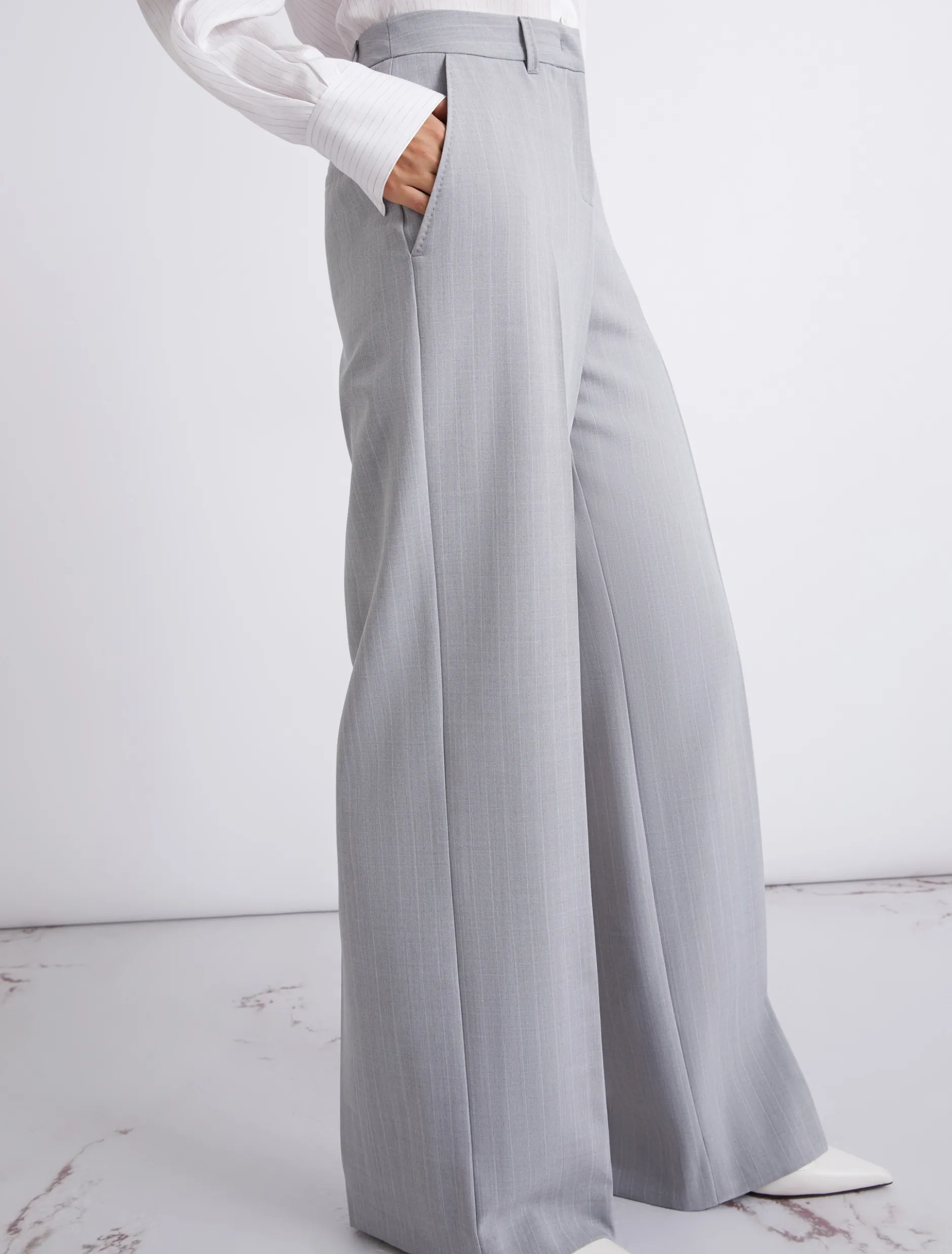 Pantalone dritto in tela stretch malfilé - GRIGIO CHIARO MELANGE
