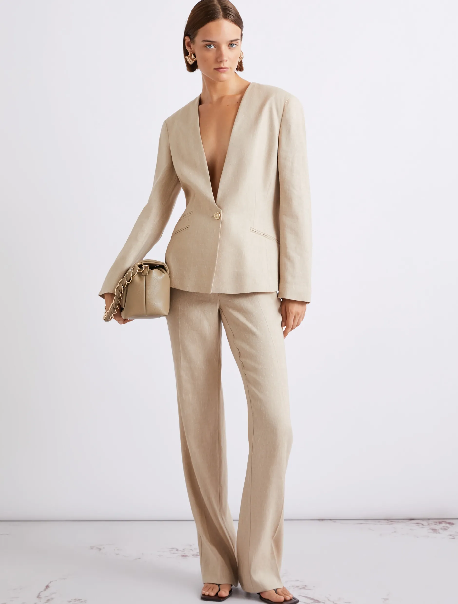Pantalone in chevron di misto lino stretch - SABBIA