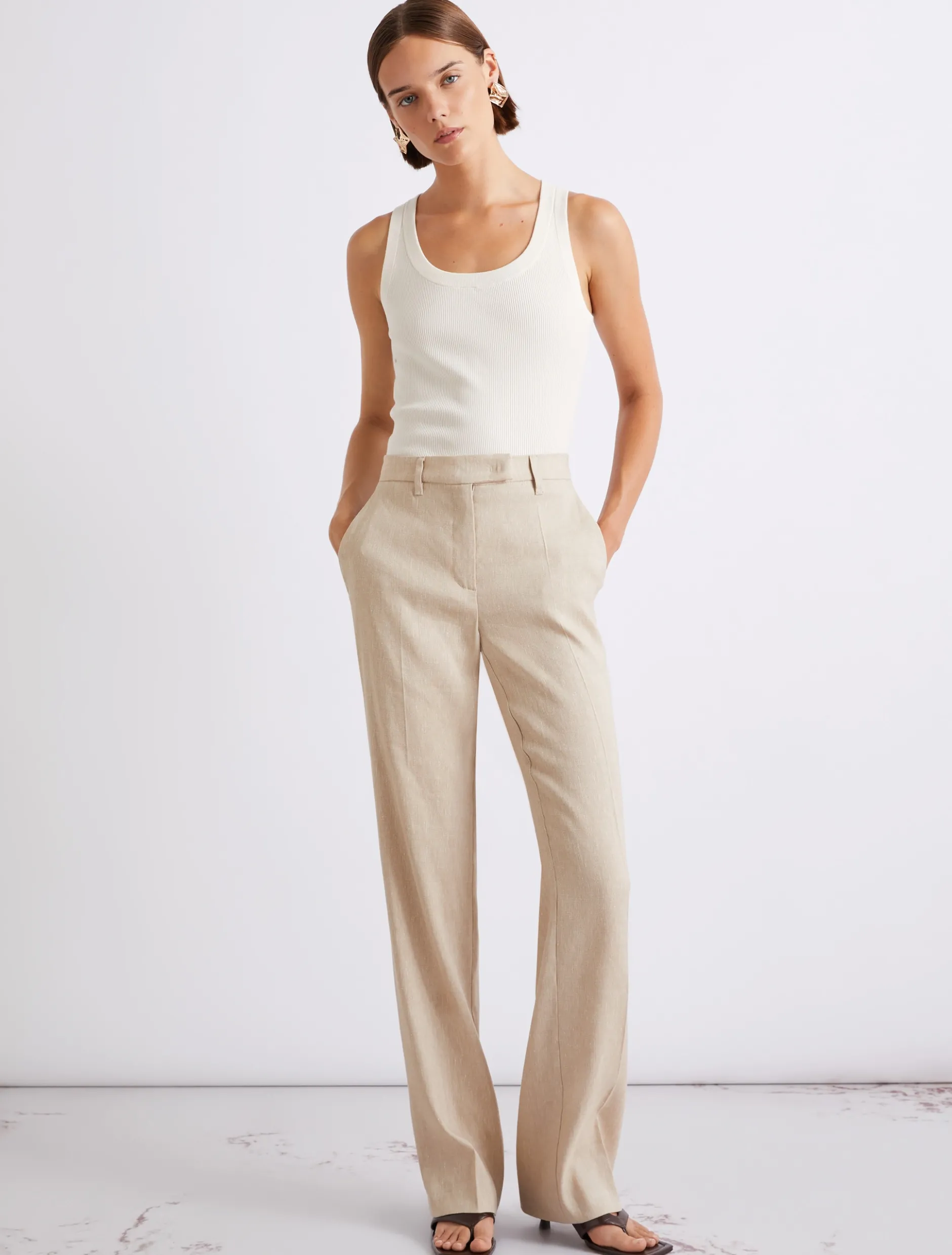 Pantalone in chevron di misto lino stretch - SABBIA