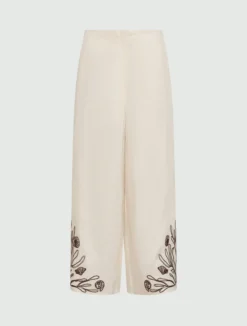 Pantalone in lino con ricami - PANNA