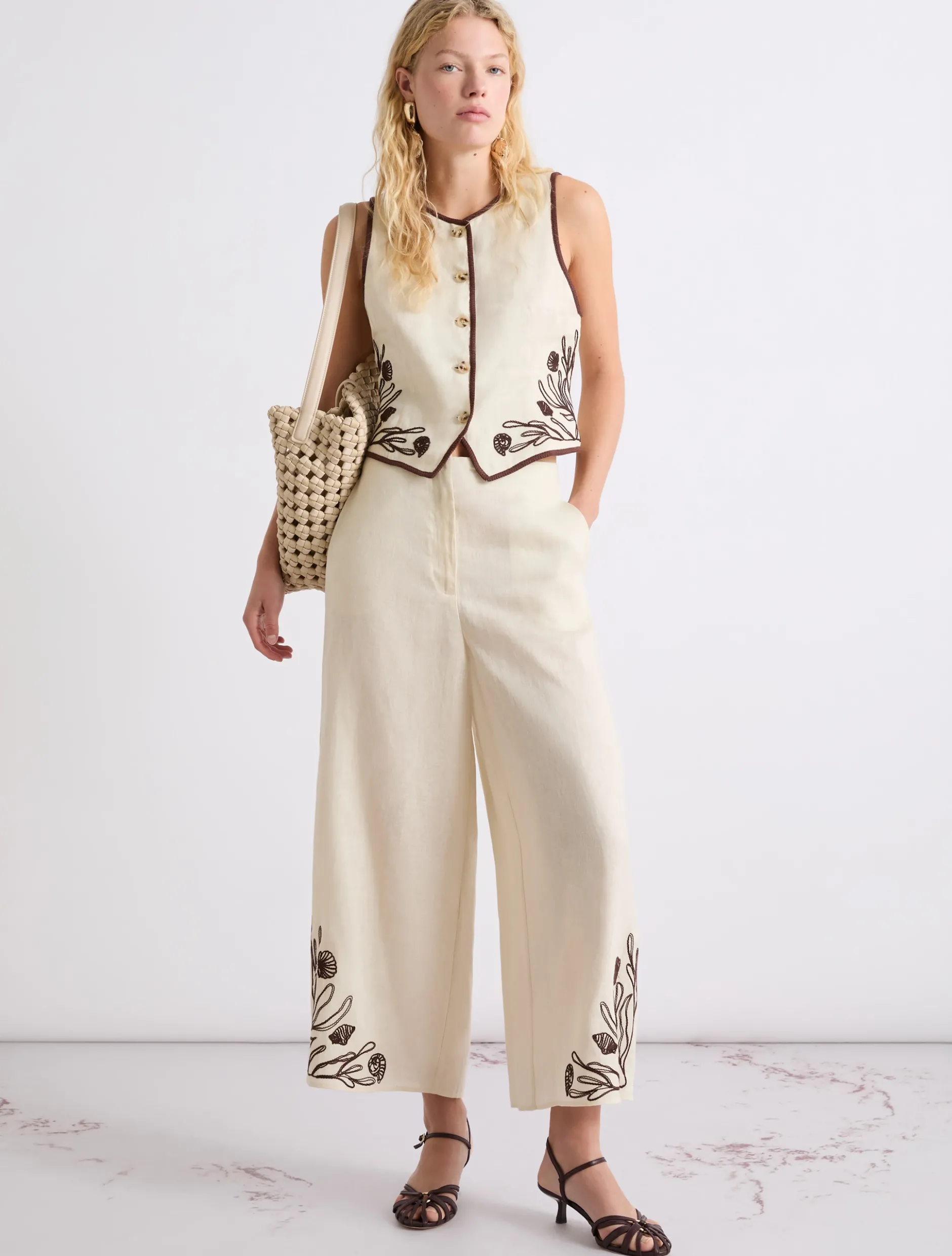Pantalone in lino con ricami - PANNA
