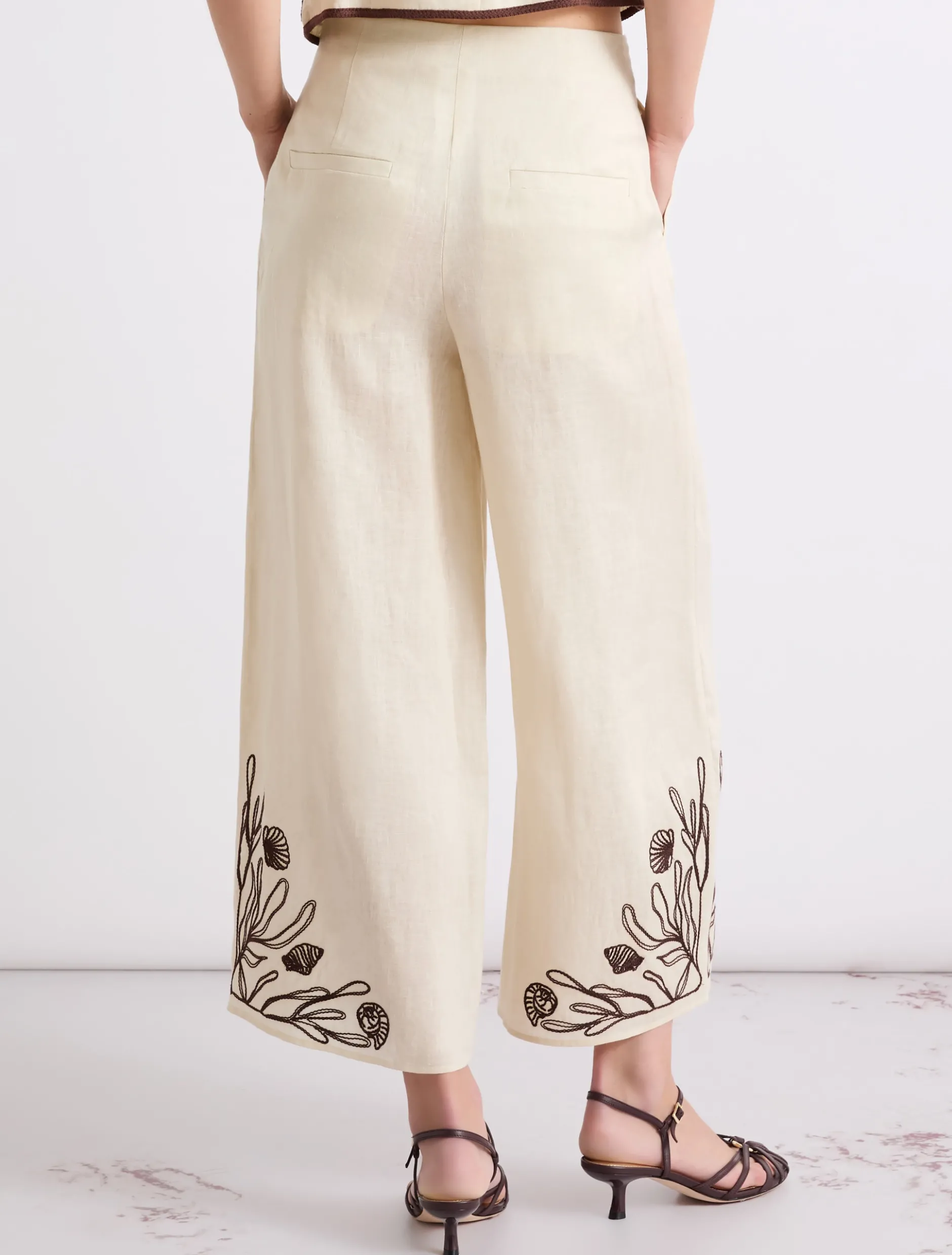 Pantalone in lino con ricami - PANNA