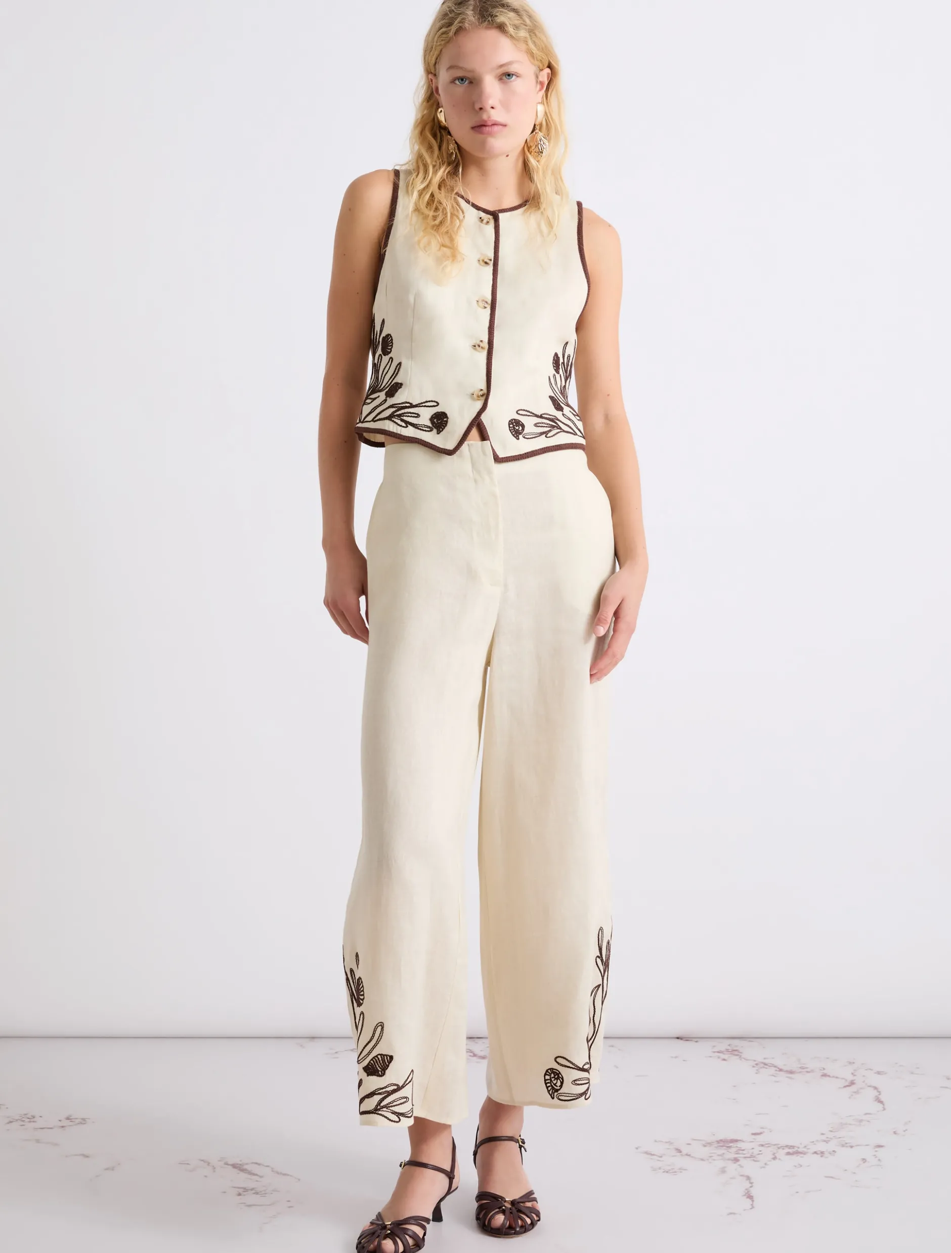 Pantalone in lino con ricami - PANNA