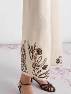 Pantalone in lino con ricami - PANNA