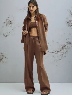 Pantalone in misto lino con coulisse - MARRONE