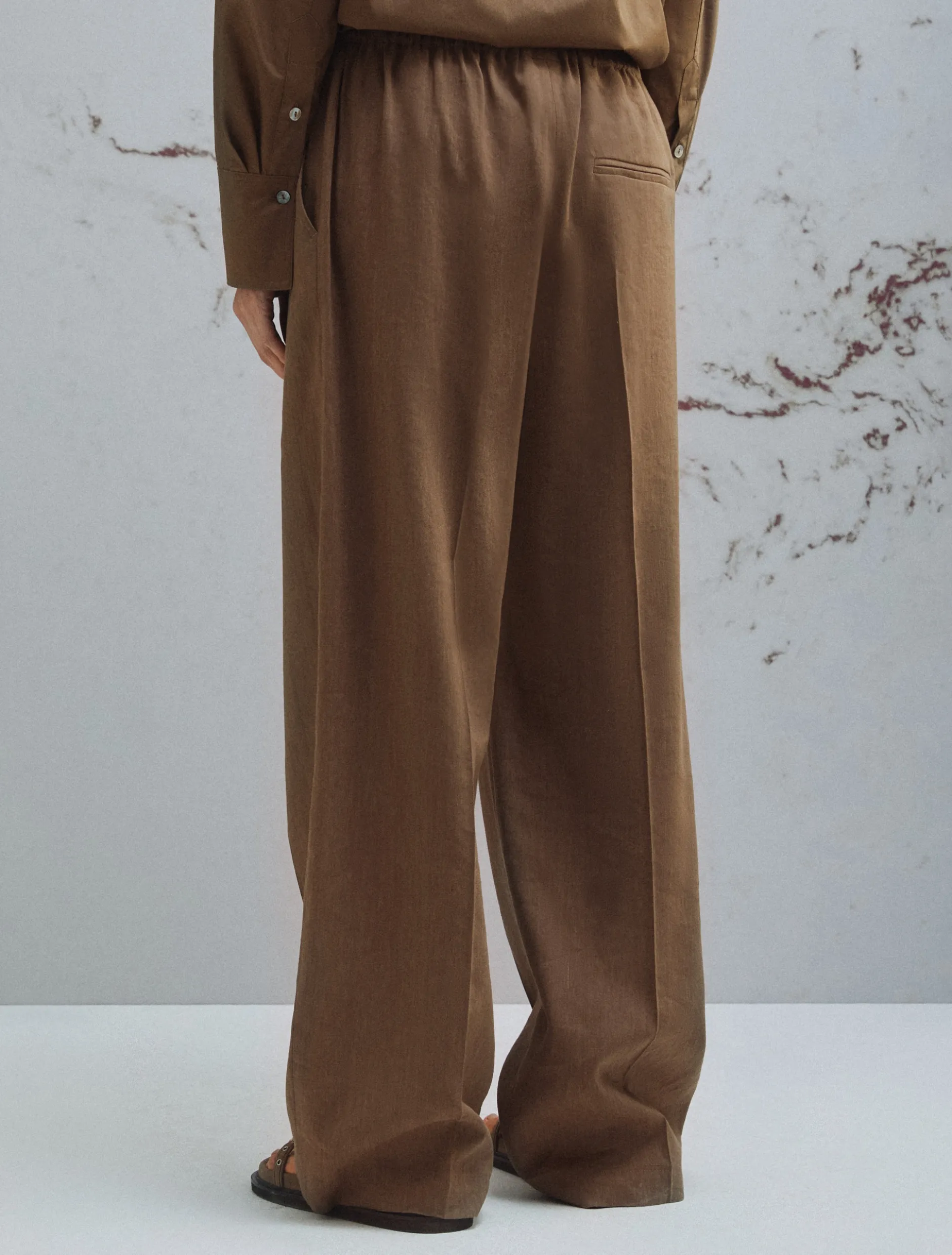 Pantalone in misto lino con coulisse - MARRONE