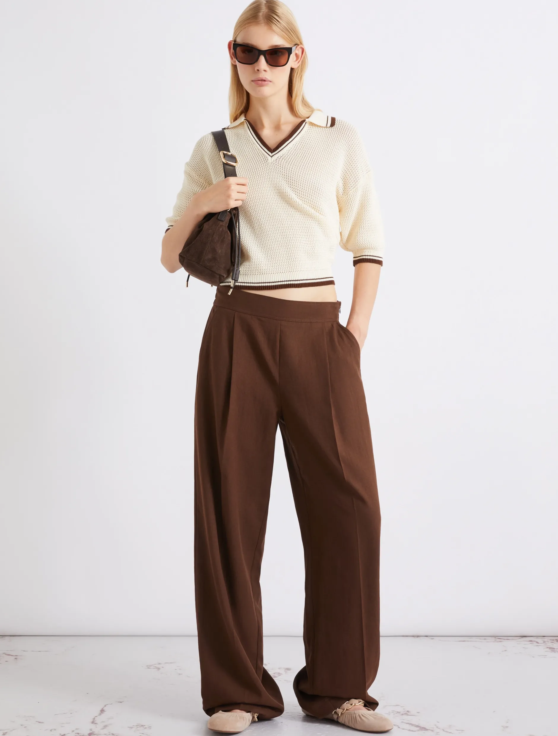 Pantalone in misto lino lavato - MARRONE