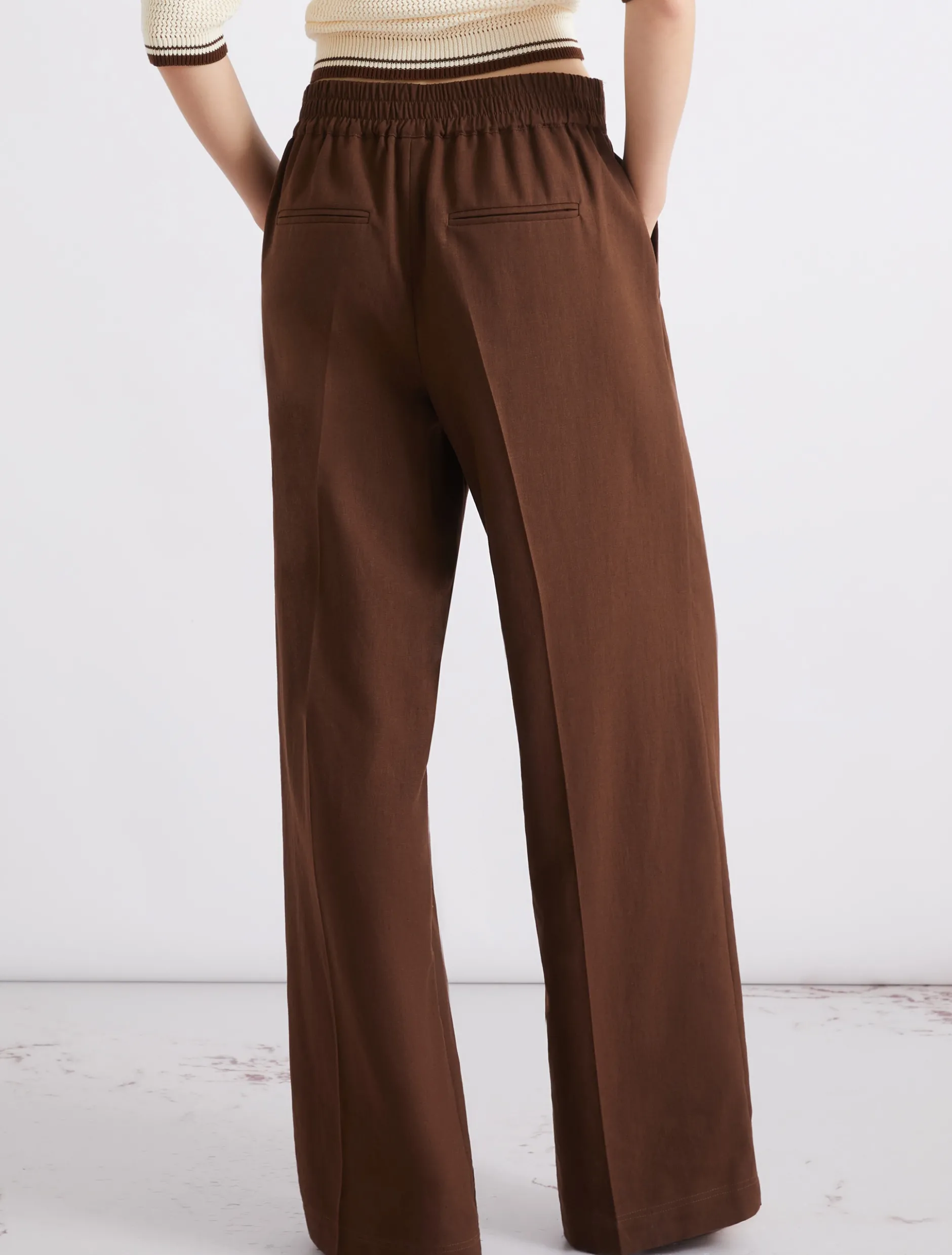 Pantalone in misto lino lavato - MARRONE