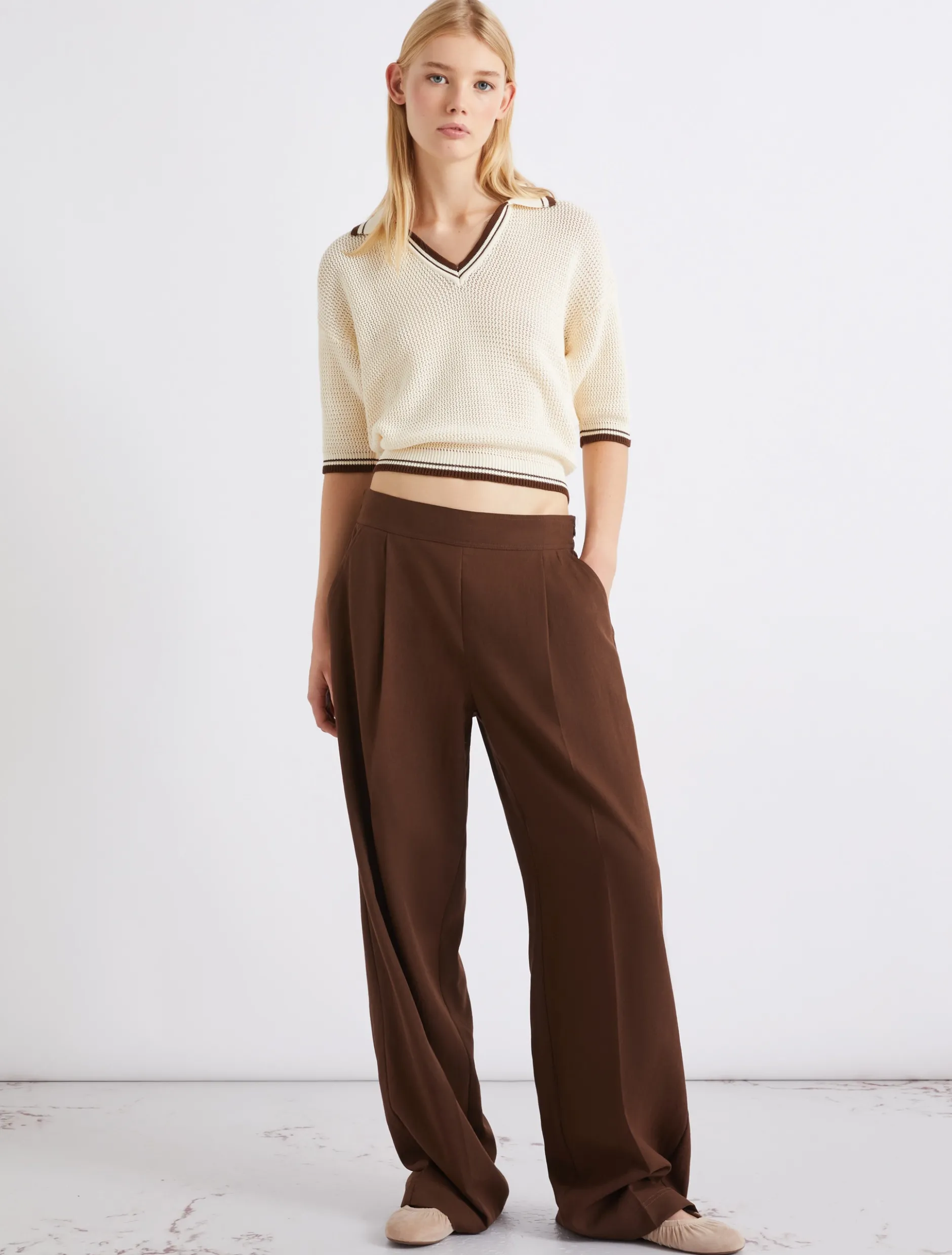 Pantalone in misto lino lavato - MARRONE