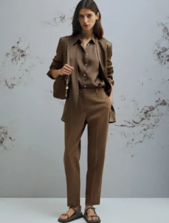 Pantalone in viscosa e lino stretch - MARRONE