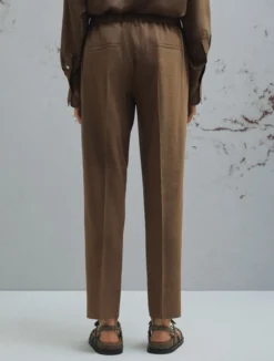Pantalone in viscosa e lino stretch - MARRONE