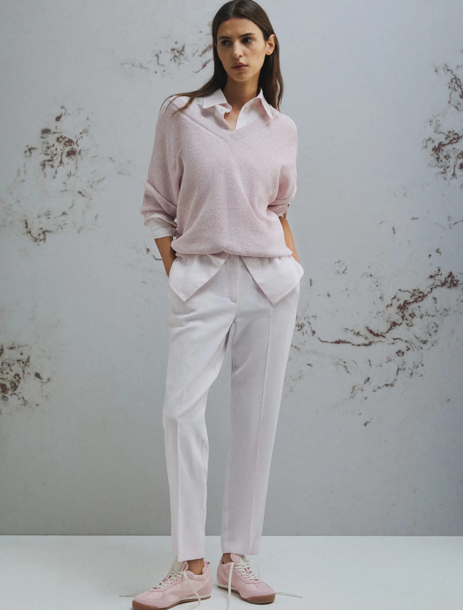 Pantalone in viscosa e lino stretch - ROSA