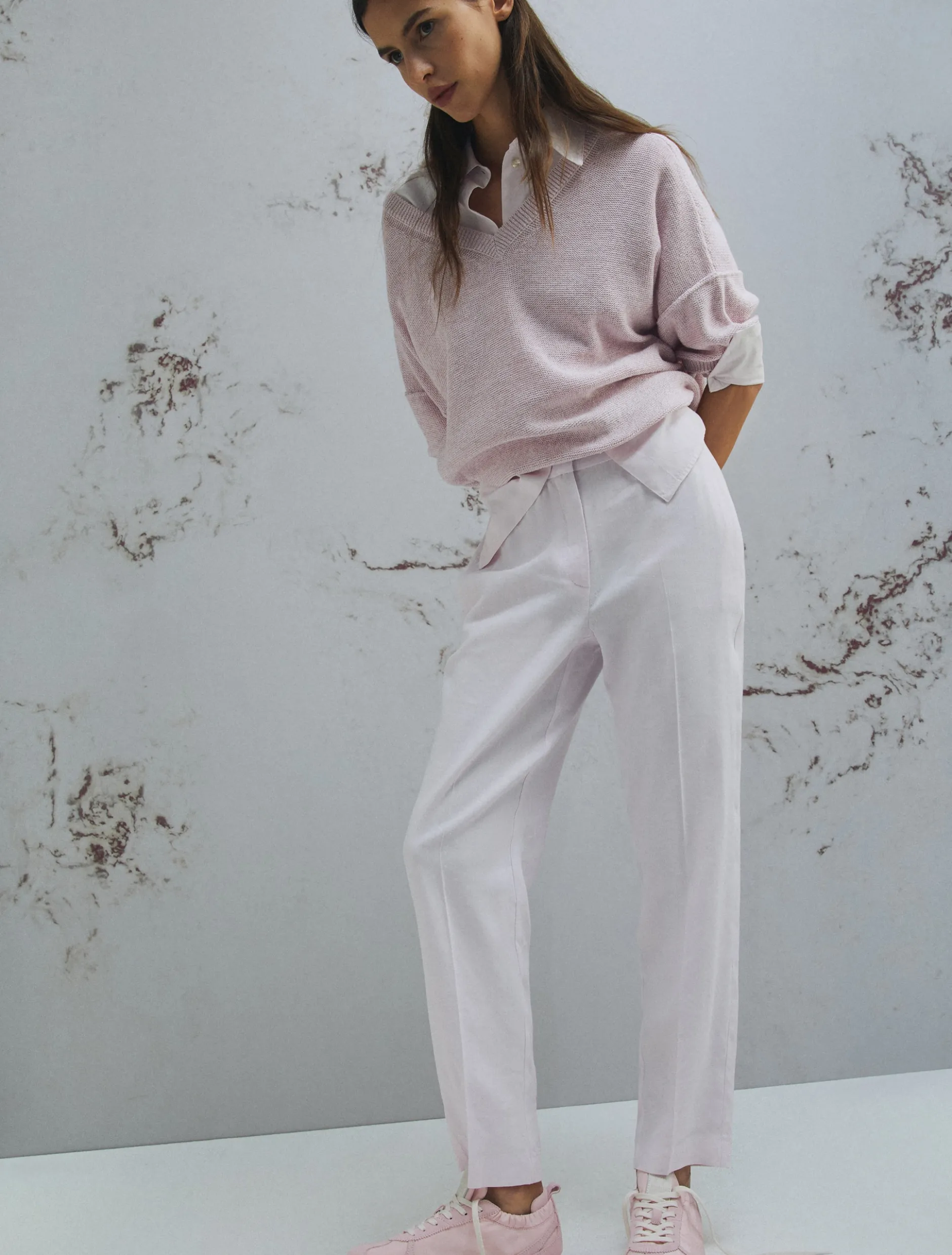 Pantalone in viscosa e lino stretch - ROSA