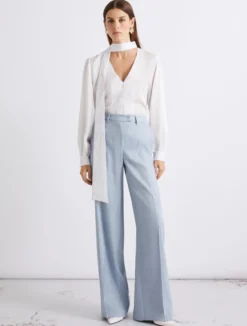 Pantalone palazzo in chevron di lino e viscosa - AZZURRO
