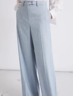 Pantalone palazzo in chevron di lino e viscosa - AZZURRO