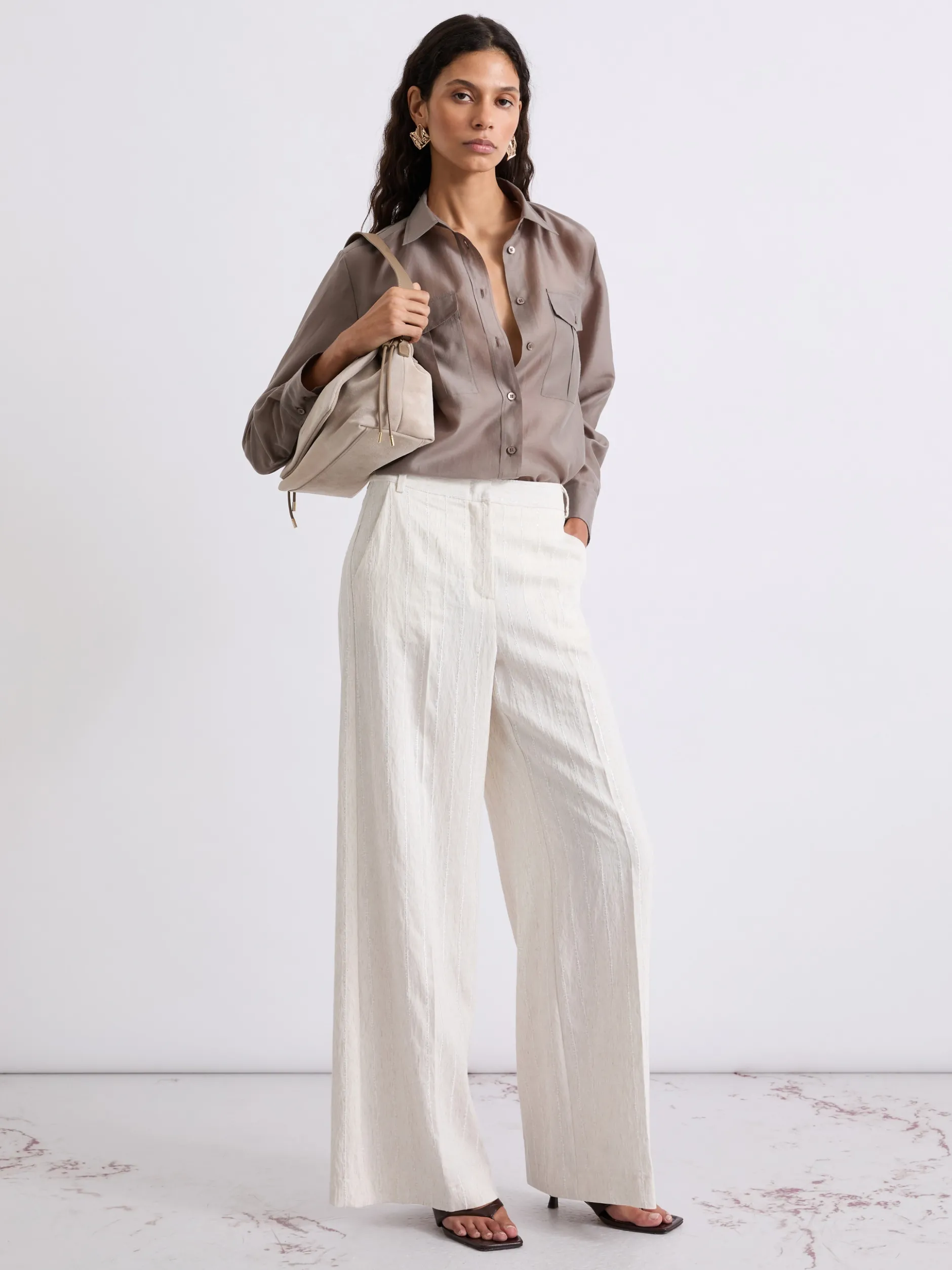 Pantalone wide leg con gessatura e paillette - SABBIA