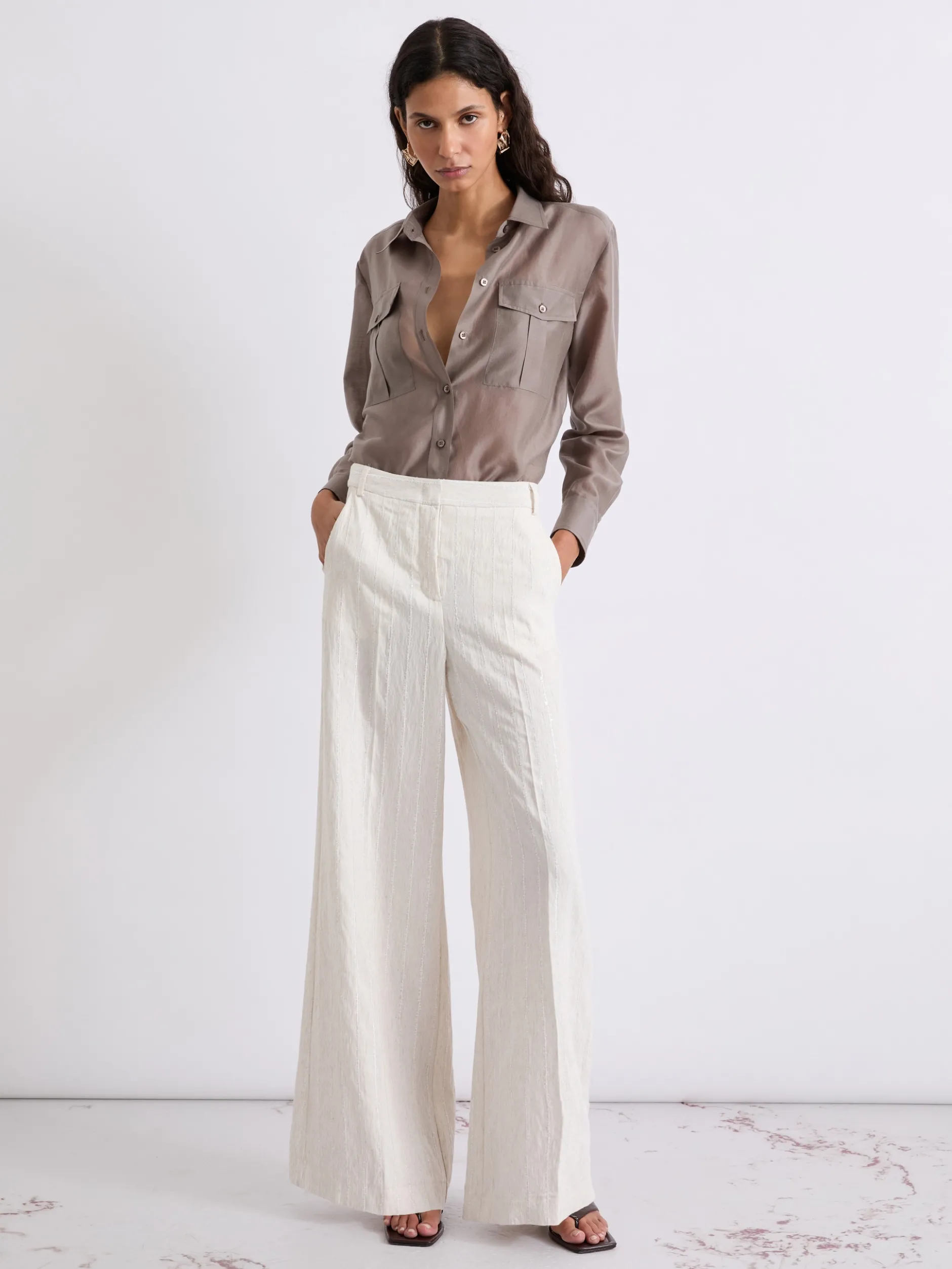 Pantalone wide leg con gessatura e paillette - SABBIA