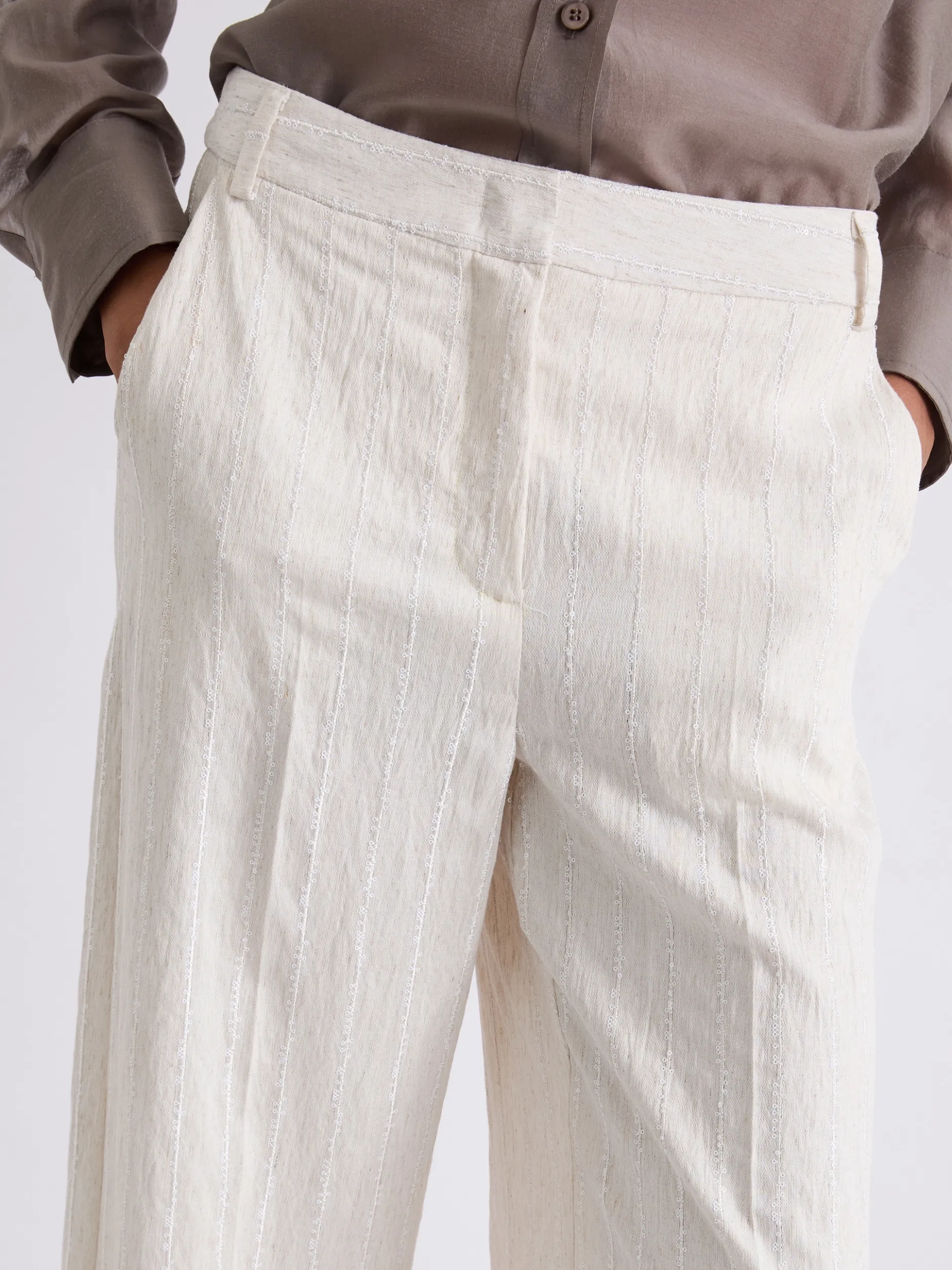Pantalone wide leg con gessatura e paillette - SABBIA