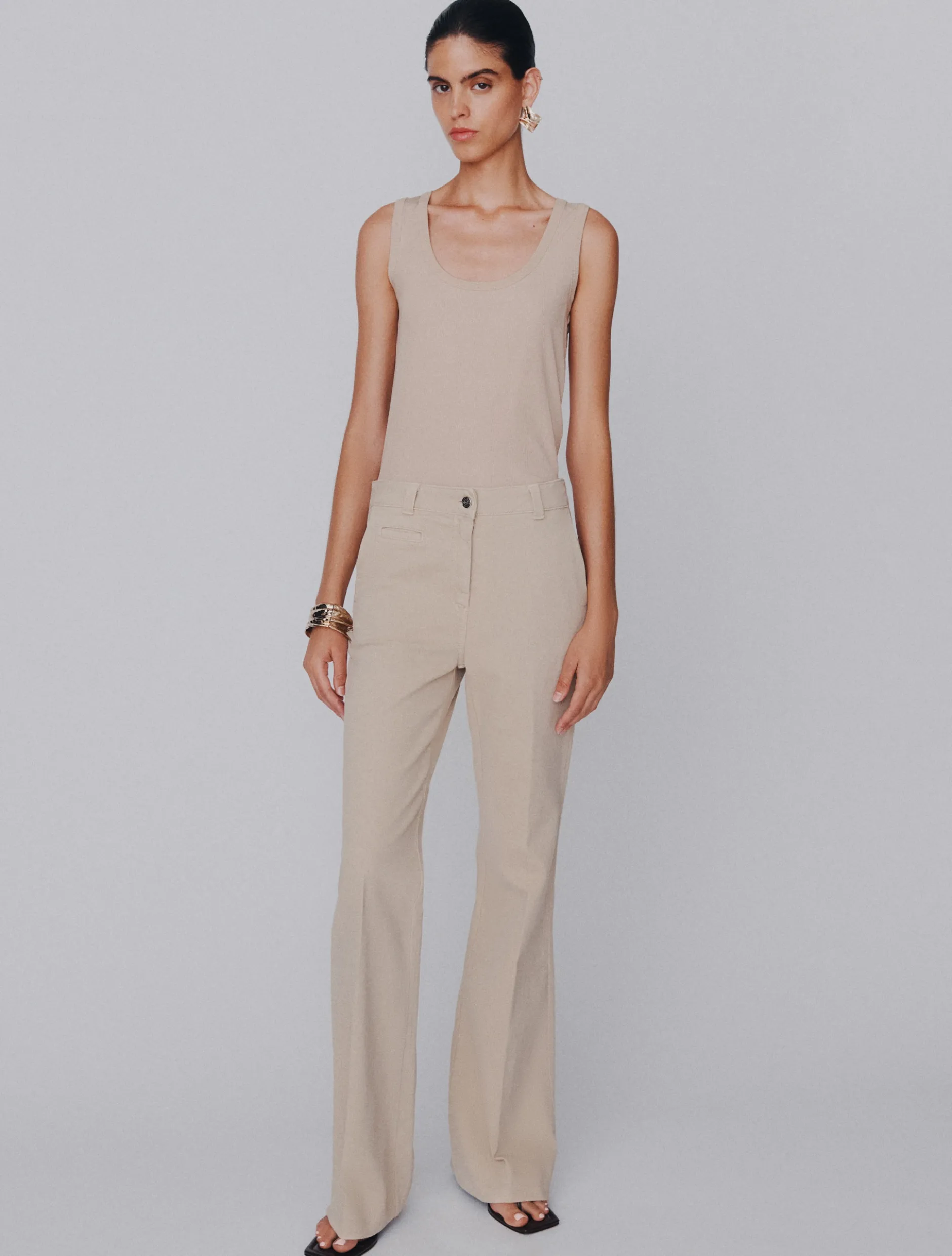 Pantalone wide leg in cotone stretch - BEIGE