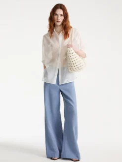 Pantalone wide leg in lino - Azzurro polvere