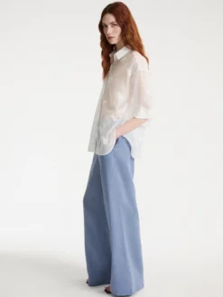 Pantalone wide leg in lino - Azzurro polvere
