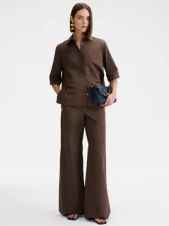 Pantalone wide leg in popeline - MARRONE