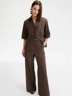 Pantalone wide leg in popeline - MARRONE