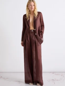 Pantalone wide leg in ramié - MARRONE