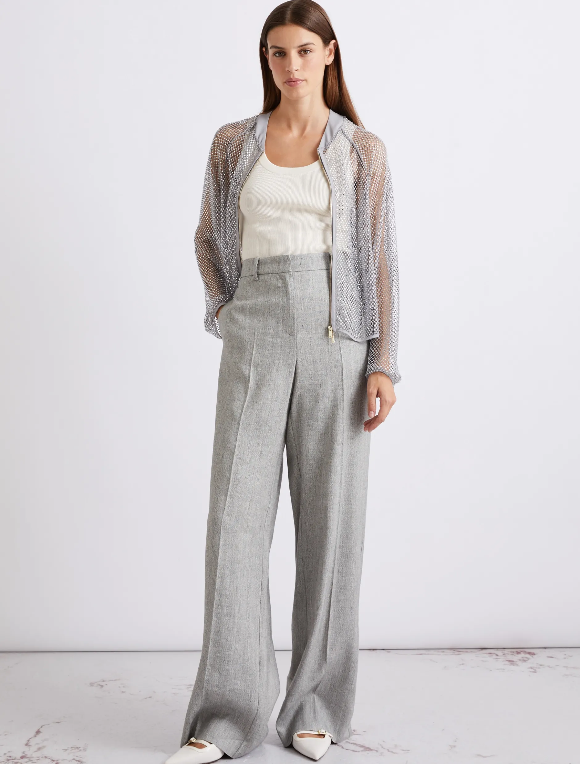 Pantaloni palazzo in grisaglia di lino e viscosa - GRIGIO