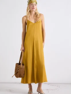 Slip dress in gabardina di misto lino - COGNAC