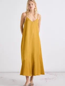 Slip dress in gabardina di misto lino - COGNAC