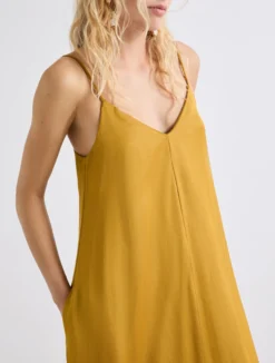Slip dress in gabardina di misto lino - COGNAC